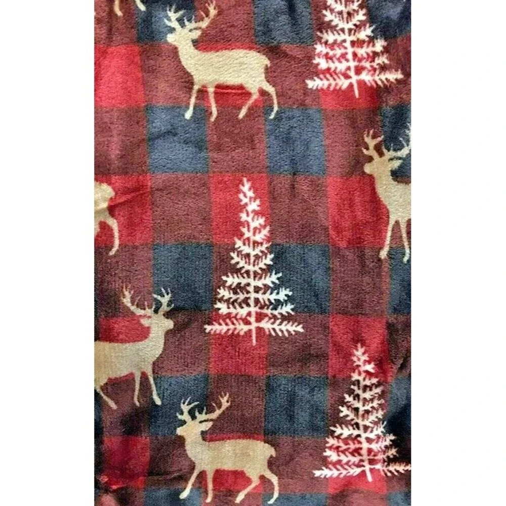 Christmas Fleece Throw Blanket Buffalo Check Deer Pine Trees Black Red 50X60